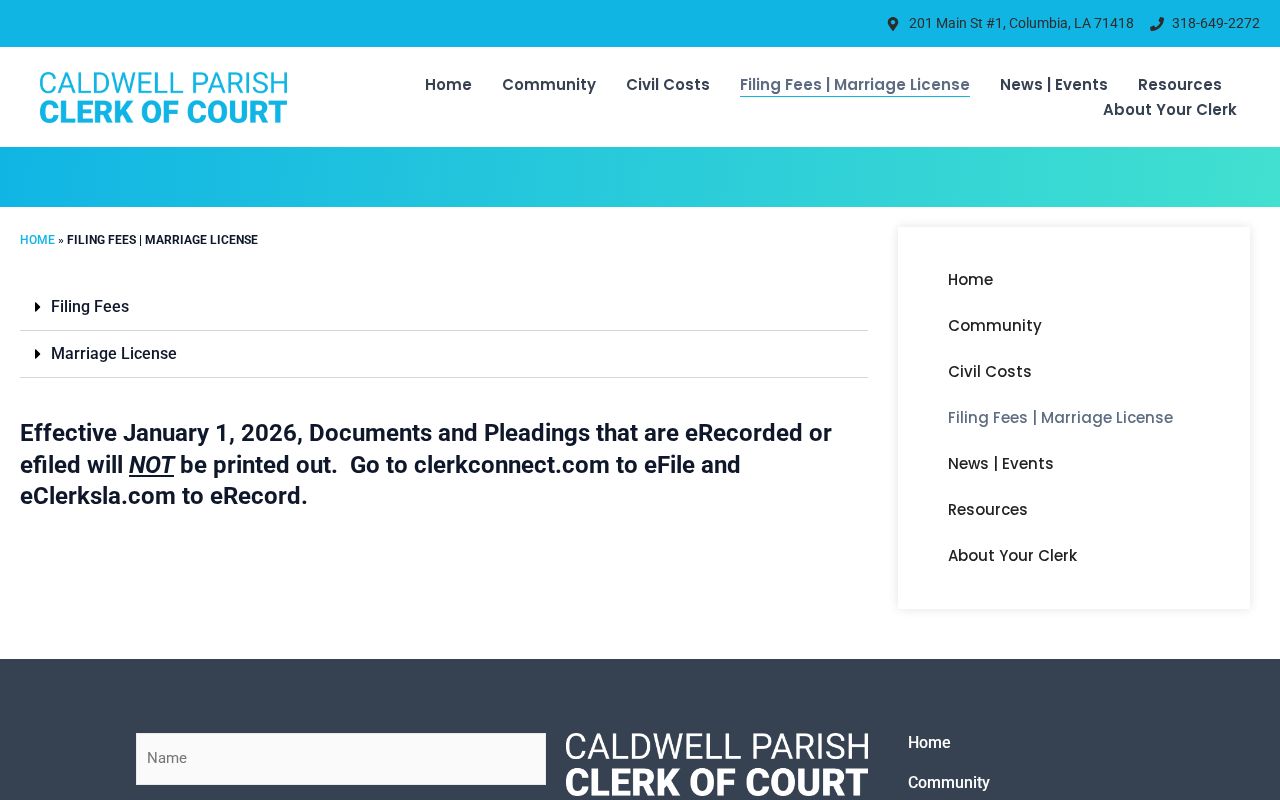 Caldwell Parish criminal record fee table used for warrant records requests