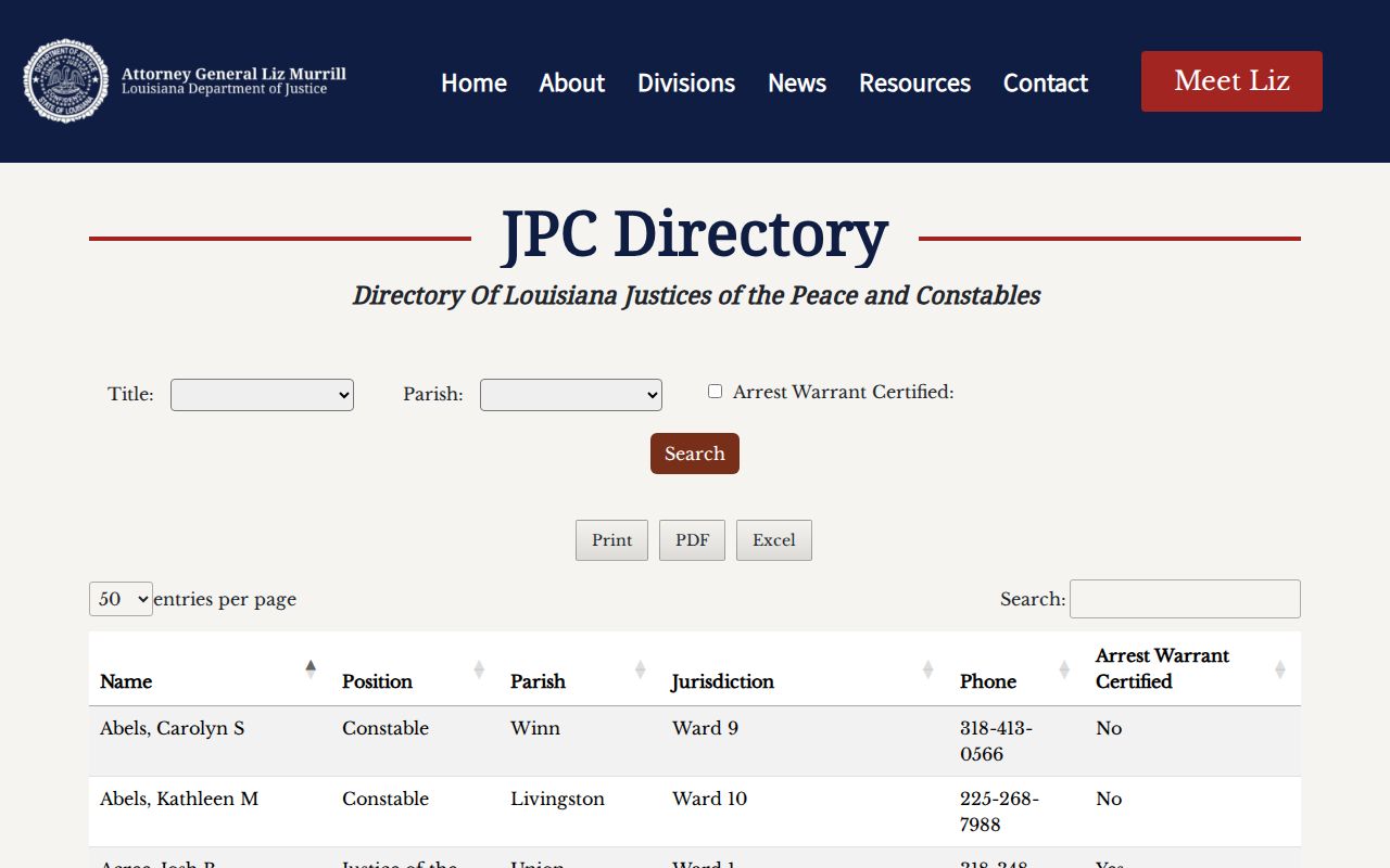 Caldwell Parish justice of the peace directory used for traffic warrant records