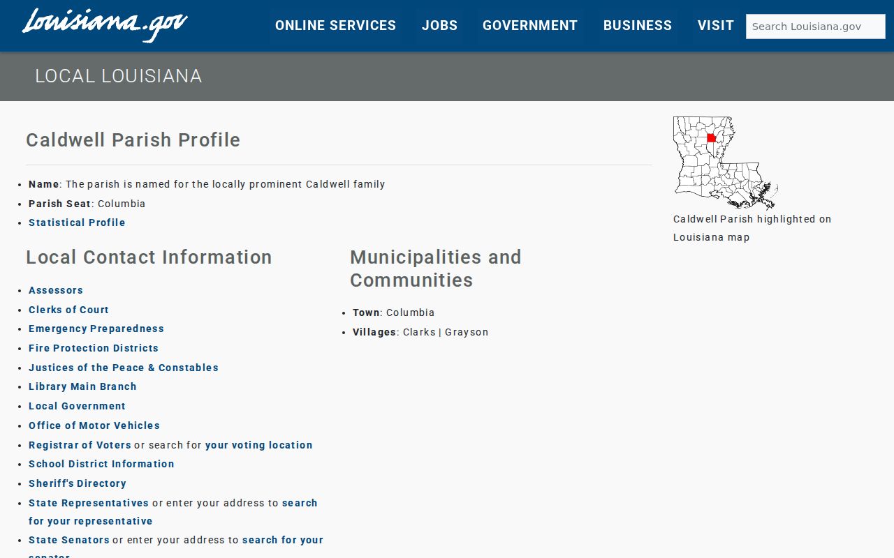 Caldwell Parish state profile listing Columbia for warrant records checks
