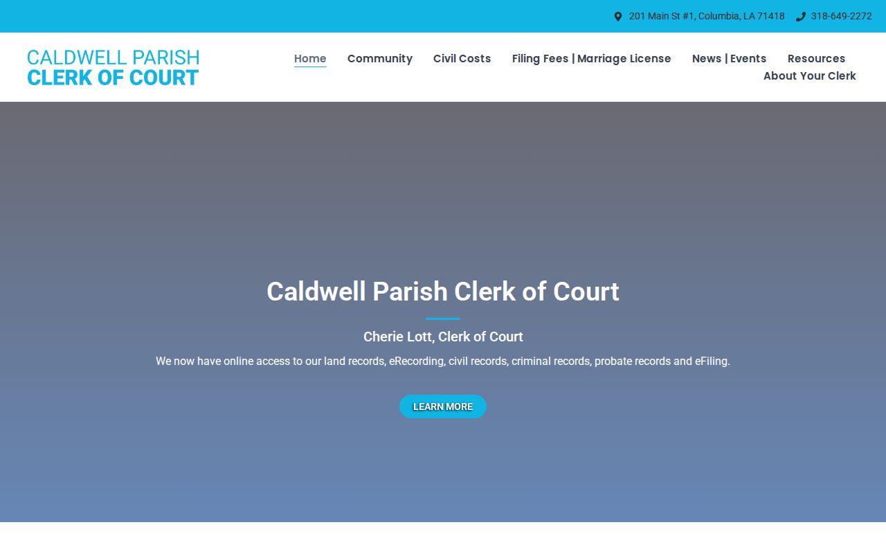 Caldwell Parish Clerk of Court courthouse contact page for warrant records